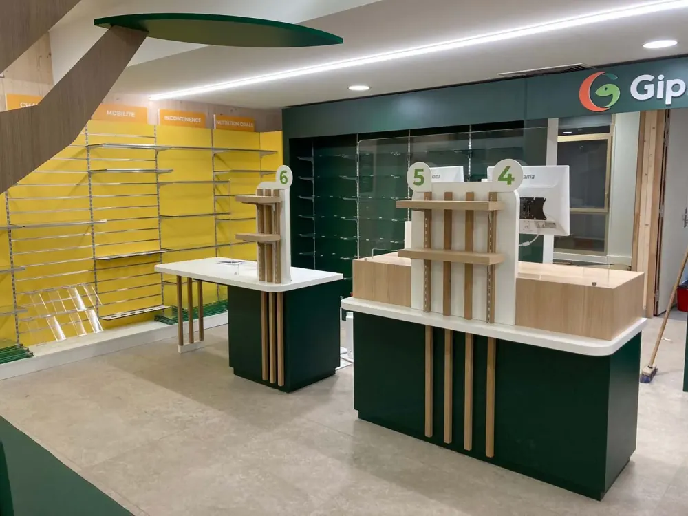 Zone de vente - Rendu chantier - Concepte Giphar - Pose et fabrication mobilier sur mesure - ACOM agencement - Pharmacie Villeinnes sur seine